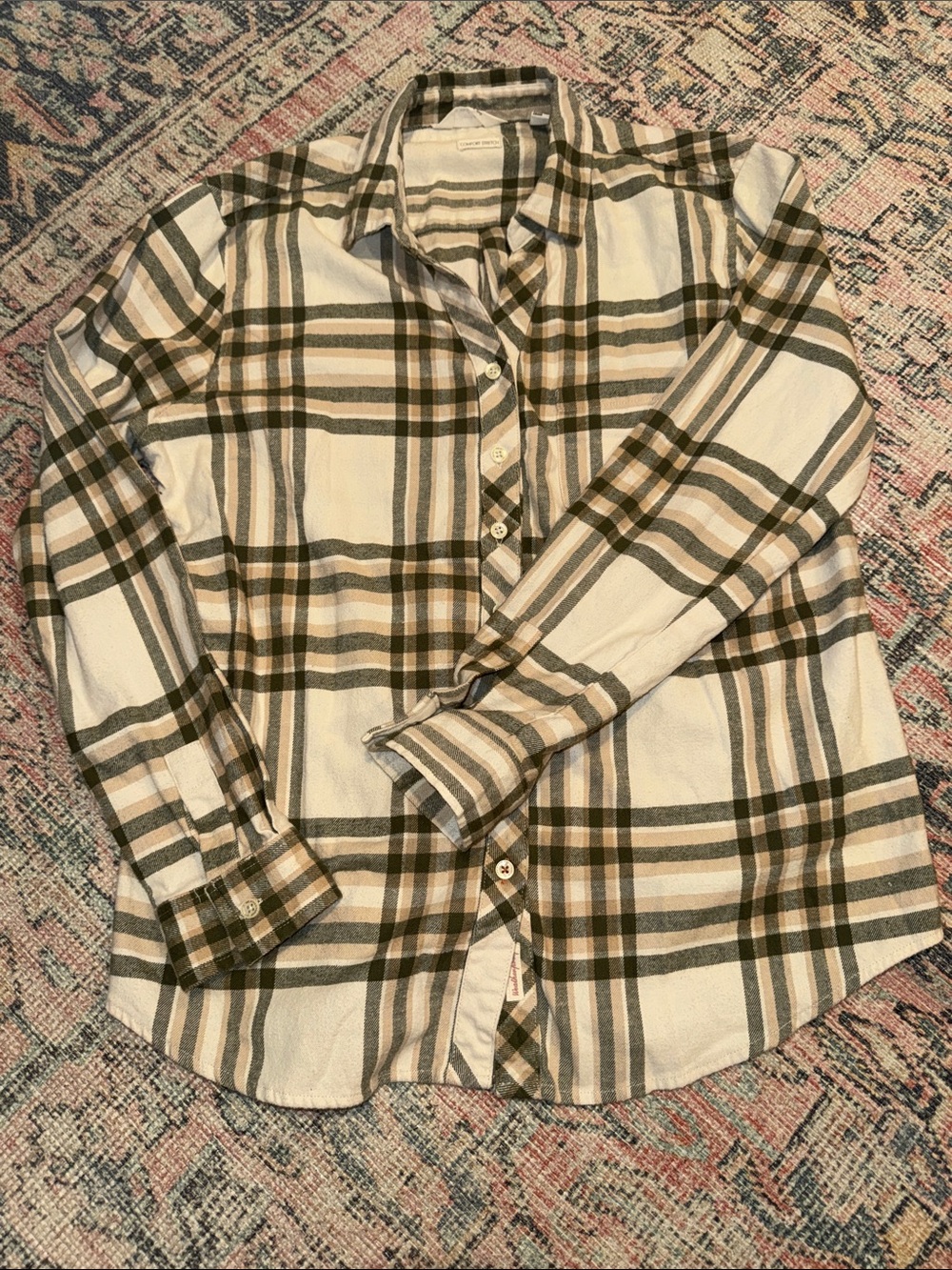Weatherproof Plaid Button-Down Shirt in Cream, Olive, and Tan